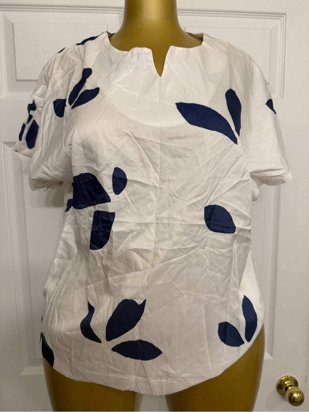 Women’s White Short-Sleeve Top with Navy Leaf Print